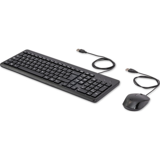 Hp 150 muis en toetsenbord met kabel desktopset (zwart, eu lay-out (qwerty), membraan, 100%, 1600 dpi)