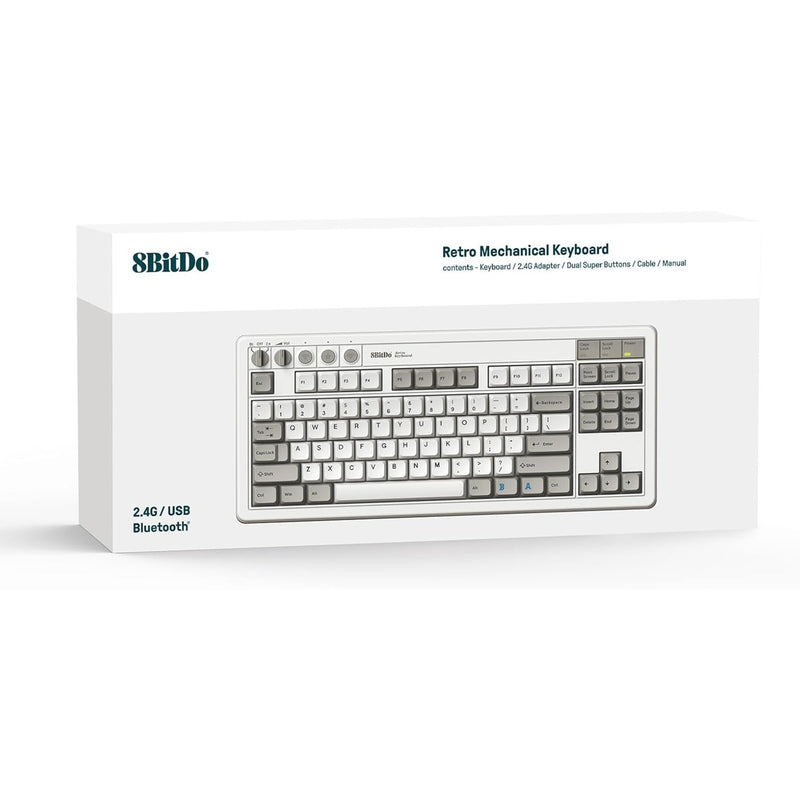 Load image into Gallery viewer, 8bitdo retro mechanical keyboard m edition (grijs, us lay-out (qwerty), kailh box white, 80% (tkl), bluetooth low energy, wireless 2.4g, usb)

