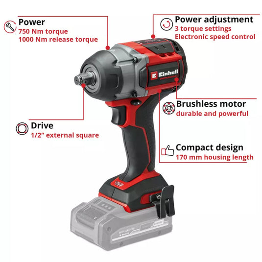 Einhell professional accu slagmoersleutel tp-cw 18 750-c li bl-solo (rood zwart, power x-change, accu en oplader niet inbegrepen)