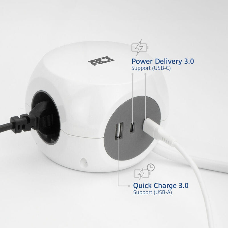 Load image into Gallery viewer, Act connectivity stekkerdoos kubus met 3 stopcontacten, 30w power delivery usb-c a poorten, kabellengte 1,5m stekkerdoos (wit, type e)
