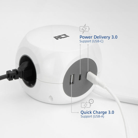 Act connectivity stekkerdoos kubus met 3 stopcontacten, 30w power delivery usb-c a poorten, kabellengte 1,5m stekkerdoos (wit, type e)