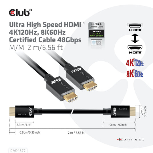 Club 3d gecertificeerde ultra high speed hdmi 2.1 kabel (zwart, 2 meter, 8k)