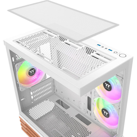 Thermaltake view 170 ws argb mini tower behuizing (wit houtkleur | 2x usb-a | rgb | tempered glass)