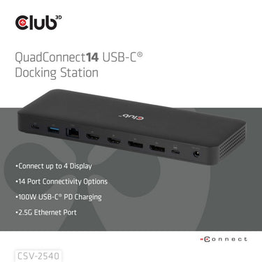 Club 3d 14-1 usb-c quad display dockingstation (zwart)