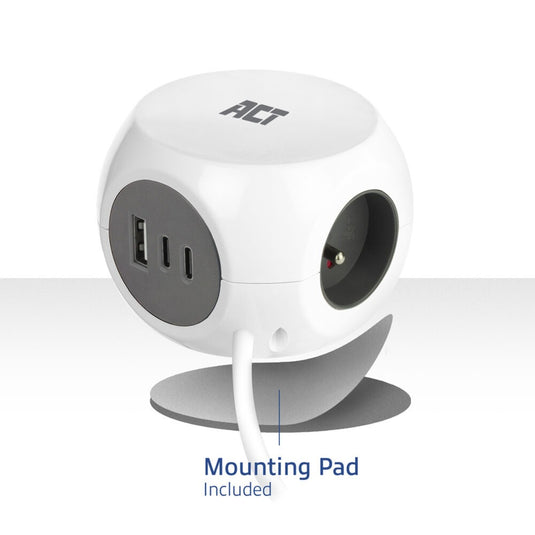 Act connectivity act stekkerdoos kubus met 3 stopcontacten, 30w power delivery usb-c a poorten, kabellengte 1,5m ac2425