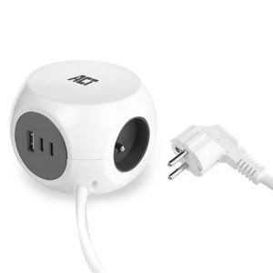 Act connectivity act stekkerdoos kubus met 3 stopcontacten, 30w power delivery usb-c a poorten, kabellengte 1,5m ac2425