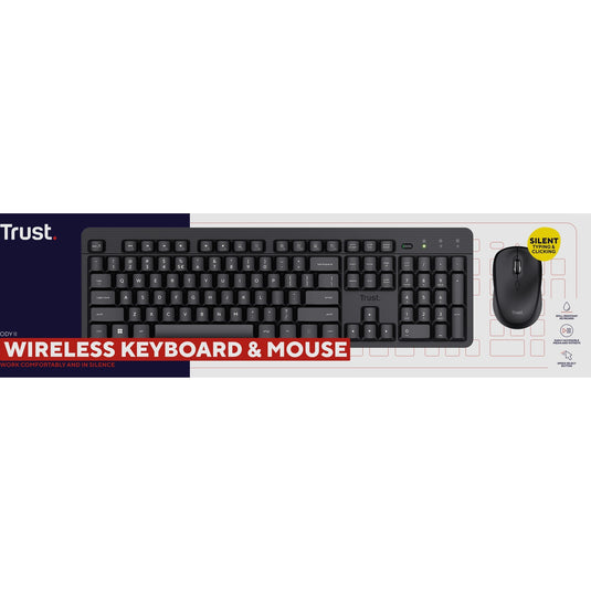 Trust ody ii stille draadloze toetsenbord- en muisset desktopset (zwart, us lay-out (qwerty), membraan, 100%, 800 dpi - 1.600 dpi)
