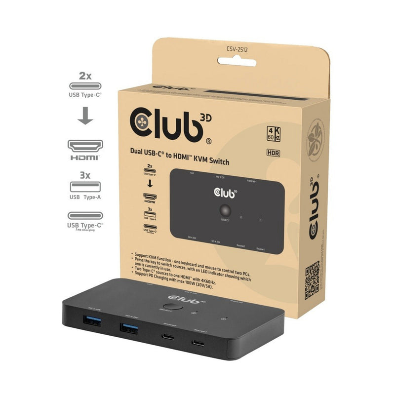 Afbeelding laden in galerijviewer, Club 3d csv-2512 kvm switch dual usb-c naar hdmi kvm-switch (zwart, 4k 60hz)
