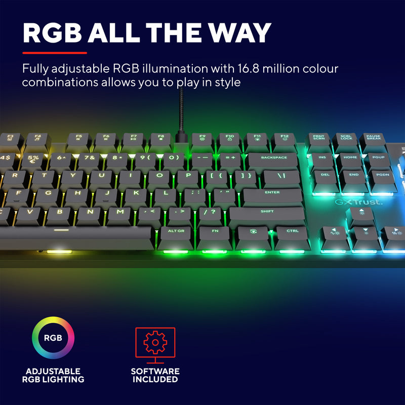Load image into Gallery viewer, Trust gxt 866 torix mechanisch gaming toetsenbord (zwart, us lay-out (qwerty), huano red, 100%, rgb)
