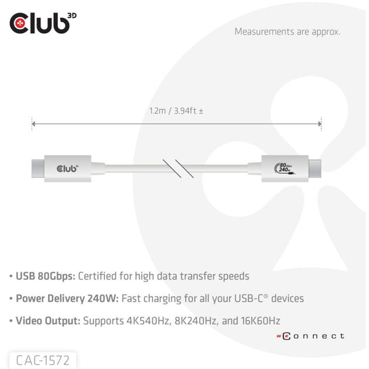 Club 3d usb-c 80gbps certified 240w 8k 240hz kabel (wit, 1.2m)
