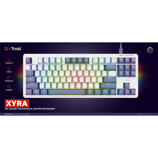 Trust gxt 872 xyra mechanisch tkl-gamingtoetsenbord, gaming toetsenbord (wit, us lay-out, leobog seiya, 80% (tkl), rgb, hot swap)