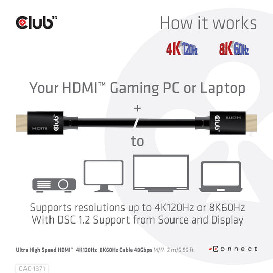 Club 3d ultra high speed hdmi 2.1 gecertificeerde kabel male-male (zwart, 1 meter, 4k 120hz, 8k 60hz, 48gbps)