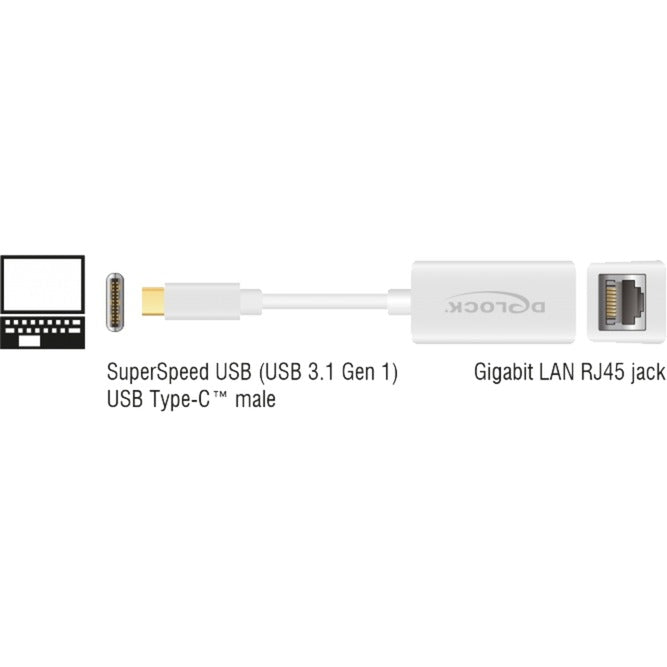 Load image into Gallery viewer, Delock superspeed usb-c (usb 3.1 gen 1) male > gigabit lan 10 100 1000 mbps compact adapter (wit, 0,135 meter)
