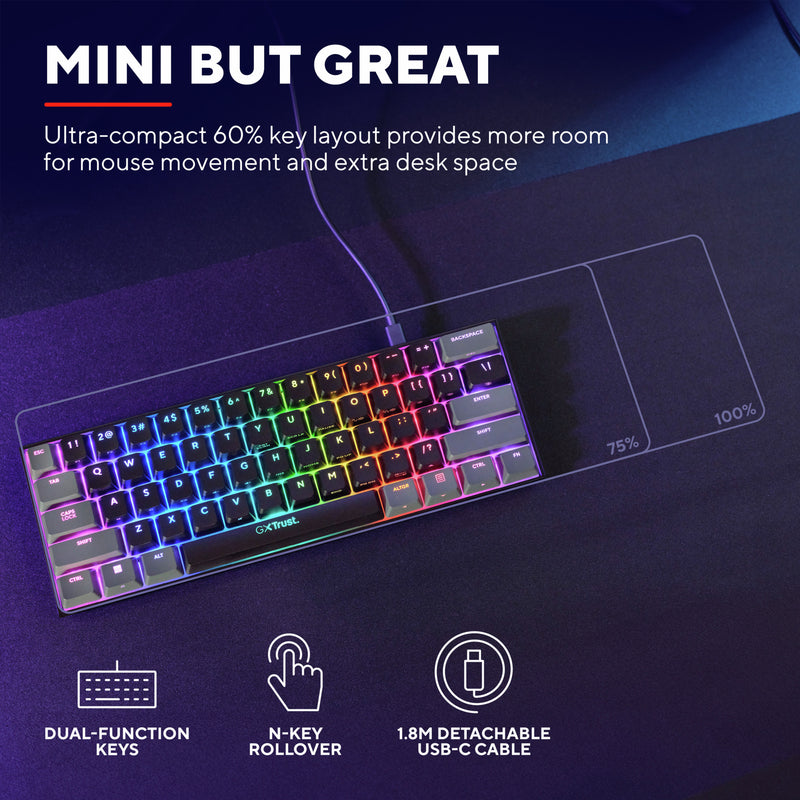 Load image into Gallery viewer, Trust gxt 867 acira 60% mini mechanisch gaming toetsenbord (zwart, us lay-out (qwerty), outemu red, 60%, rgb)

