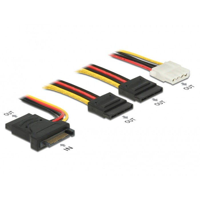 Load image into Gallery viewer, Delock sata 15 pin plug > 3 x sata receptacle + 1 x molex 4 pin female (pcb) kabel (20 cm)
