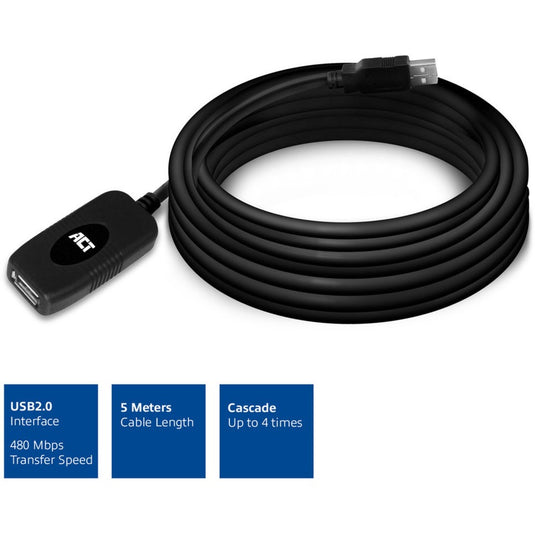 Act connectivity usb 2.0 signaalversterker, 5 meter verlengkabel (zwart)
