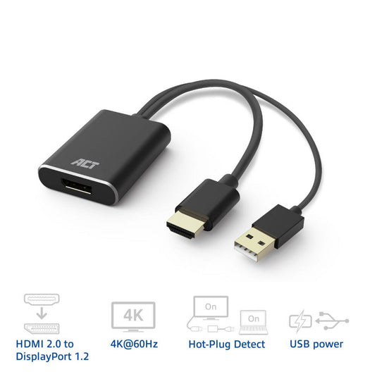 Act connectivity hdmi naar displayport adapter, 4k@60hz (zwart)