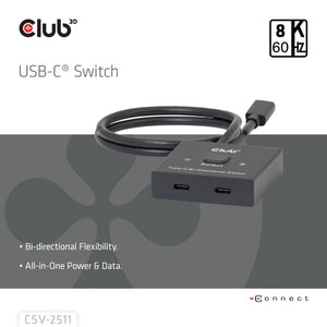 Club 3d usb-c bi-directional video + data + pd switch usb-switch (zwart)