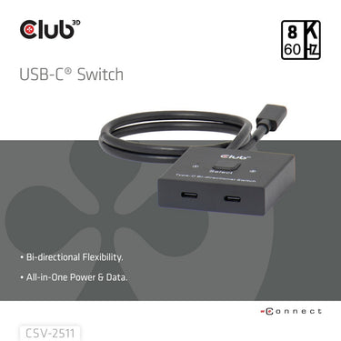 Club 3d usb-c bi-directional video + data + pd switch usb-switch (zwart)