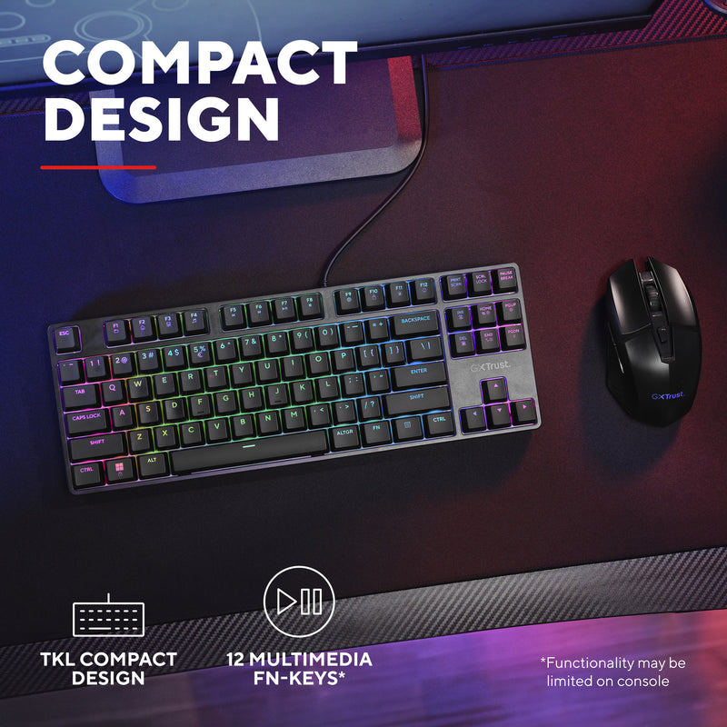 Load image into Gallery viewer, Trust gxt 864 cada compact mechanisch tkl-gamingtoetsenbord (zwart, us lay-out (qwerty), huano brown, rgb)
