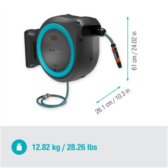 Gardena 35 m wand-slangenbox powerroll xl slanghaspel (grijs turquoise, 35 meter, accu en oplader inbegrepen, power for all alliance)