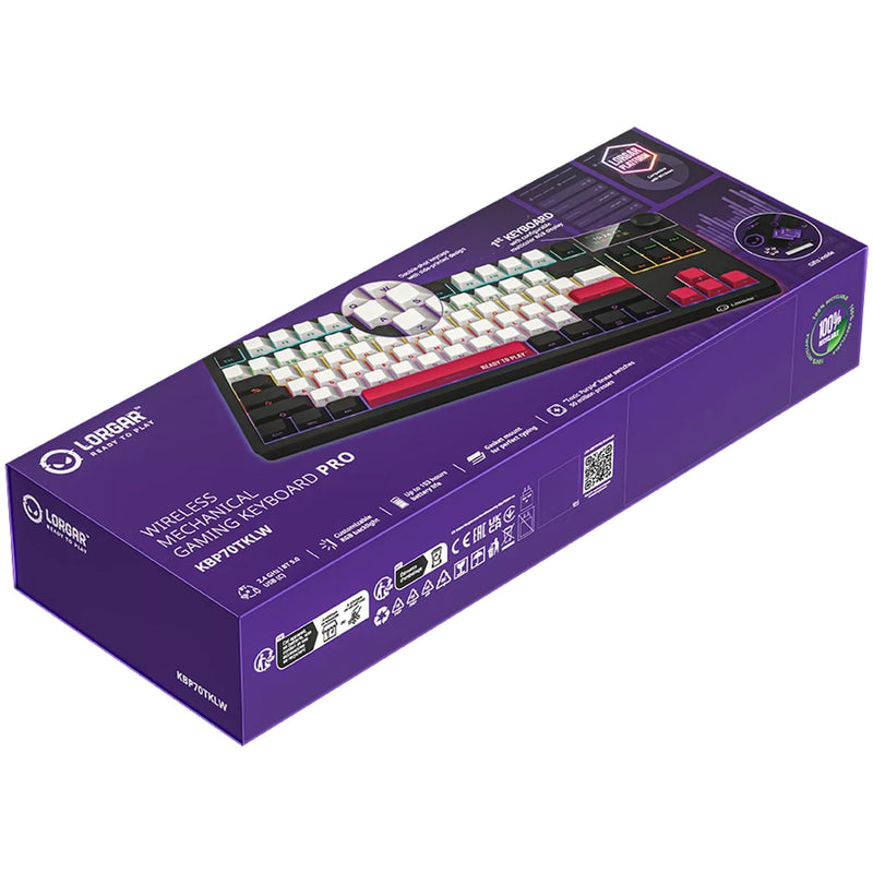 Load image into Gallery viewer, Lorgar kbp70tklw rgb mechanisch gaming toetsenbord (zwart, us lay-out (qwerty), logar toxic purple, 80% (tkl), rgb, hot-swappable, pbt double-shot, bluetooth | 2.4ghz | usb)
