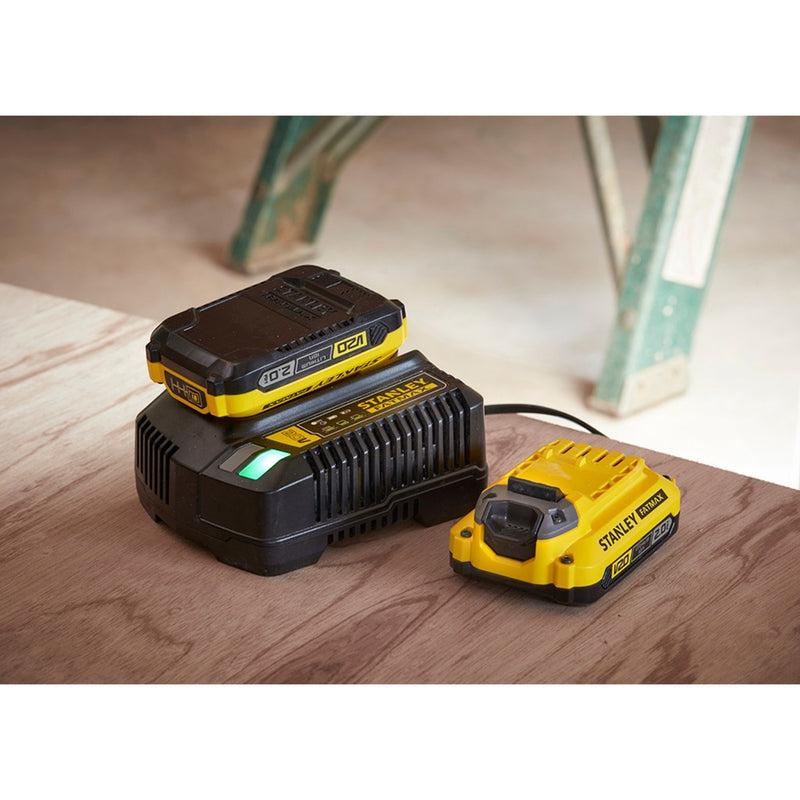 Load image into Gallery viewer, Stanley fatmax v20 18v startkit oplader (geel zwart, oplader (2a) en 2 accu's (2.0ah) inbegrepen)
