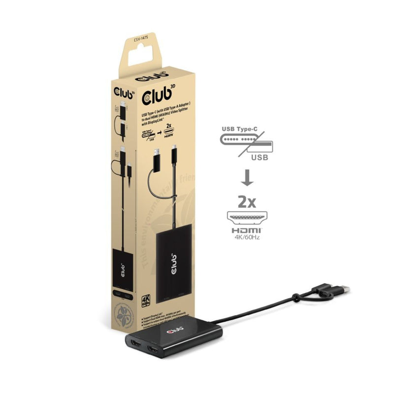 Load image into Gallery viewer, Club 3d usb-c naar 2x hdmi video splitter met displaylink hdmi splitter (zwart, met usb-a adapter)
