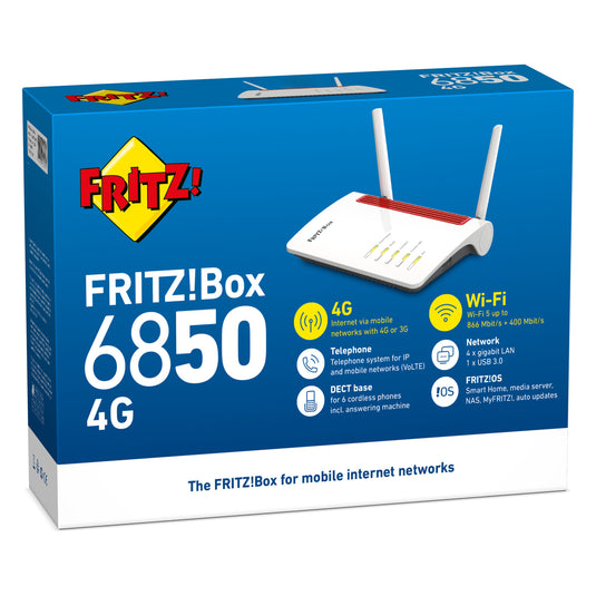 Fritz! box 6850 4g edition international router (wit rood, mesh wi-fi, 4g 3g)