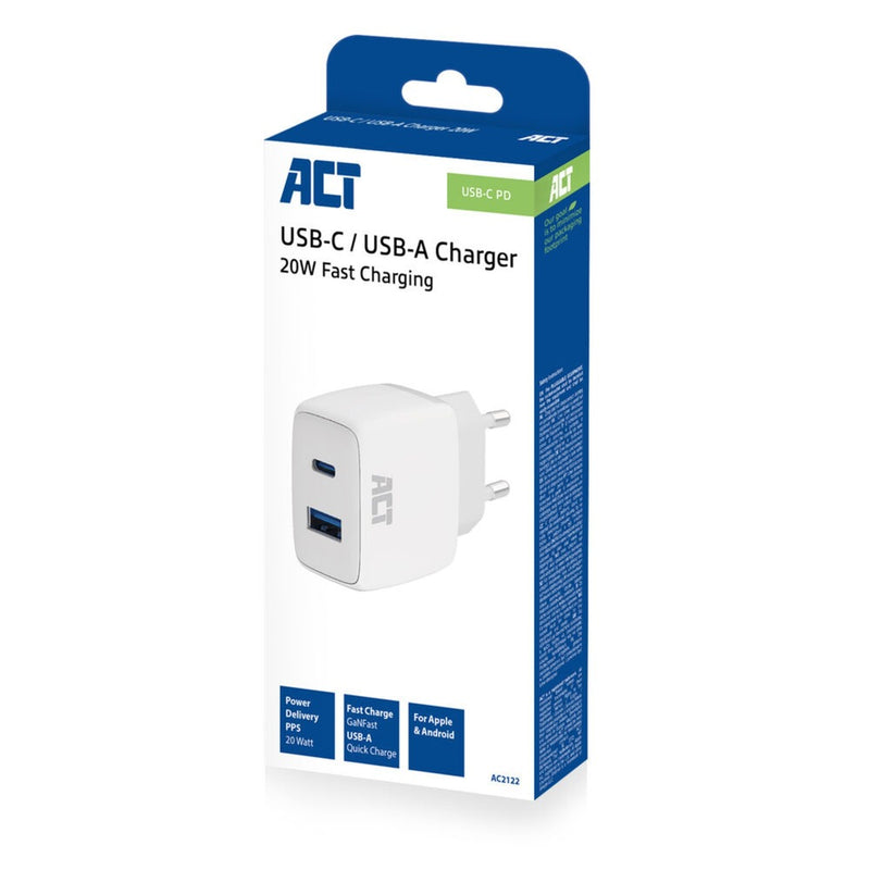 Load image into Gallery viewer, Act connectivity usb-c usb-a lader 20w met power delivery pps, quick charge, ganfast oplader (wit)
