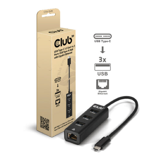 Club 3d usb-c 5 gbps naar 3 poorten usb type-a-hub met gigabit ethernet adapter (zwart)