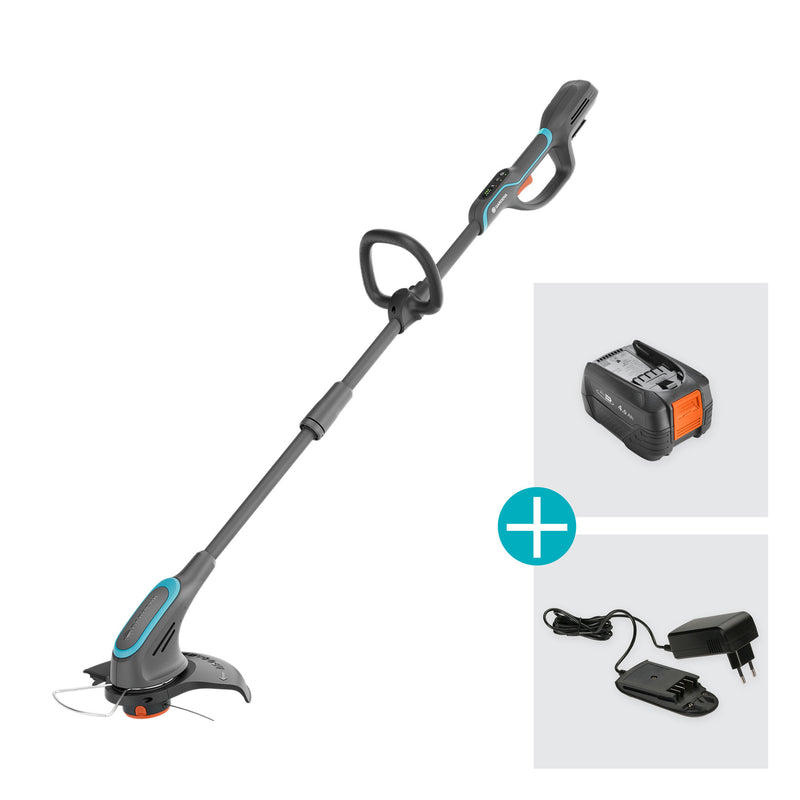 Load image into Gallery viewer, Gardena powertrim 30 18v set 4.0 ah met 18v p4a accu grastrimmer (grijs turquoise, accu en lader inbegrepen)
