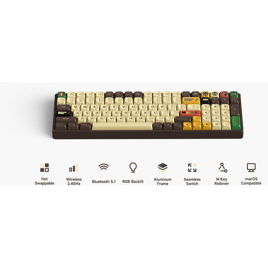 Iqunix f97 happy ape wireless mechanical keyboard, gaming toetsenbord (bruin geel, us lay-out, ttc holy panda, rgb leds, 96%, hot-swappable, pbt, 2.4ghz | bluetooth 5.1 | usb-c)