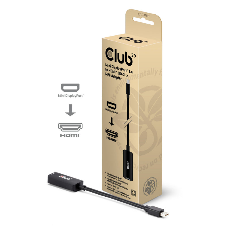 Afbeelding laden in galerijviewer, Club 3d mini displayport 1.4 naar hdmi 8k60hz m f adapter (zwart)
