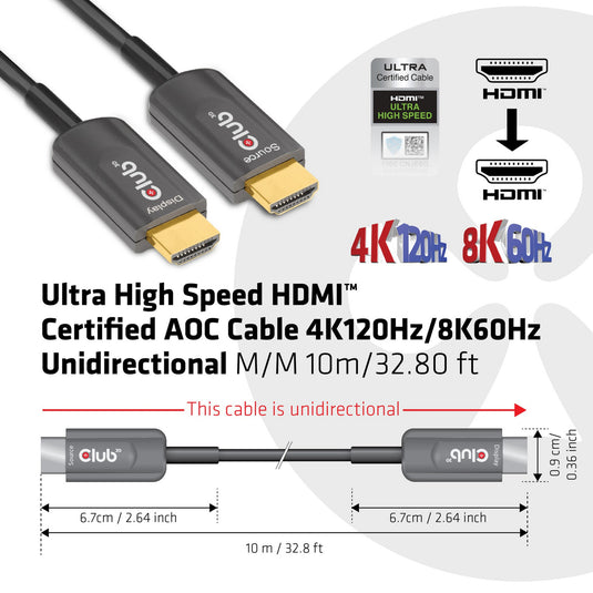Club 3d ultra high speed aoc hdmi 2.1 gecertificeerde unidirectioneel kabel male-male (zwart, 10 meter, 4k 120hz, 8k 60hz, 48gbps)