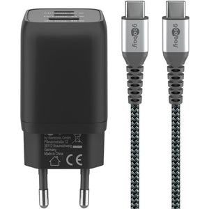 Goobay usb-c snellader nano (65 w) en usb-c textielkabel (zwart, 2x usb-c, 1x usb-a, 1 meter)