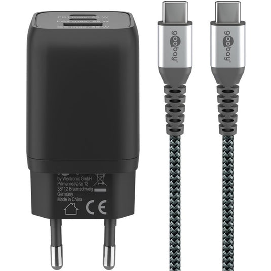 Goobay usb-c snellader nano (65 w) en usb-c textielkabel (zwart, 2x usb-c, 1x usb-a, 1 meter)