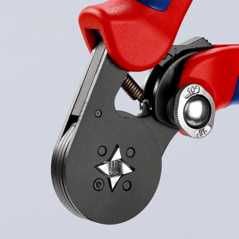 Load image into Gallery viewer, Knipex zelfinstellende krimptang voor adereindhulzen 97 53 04 sb (rood blauw, met zij-invoering)
