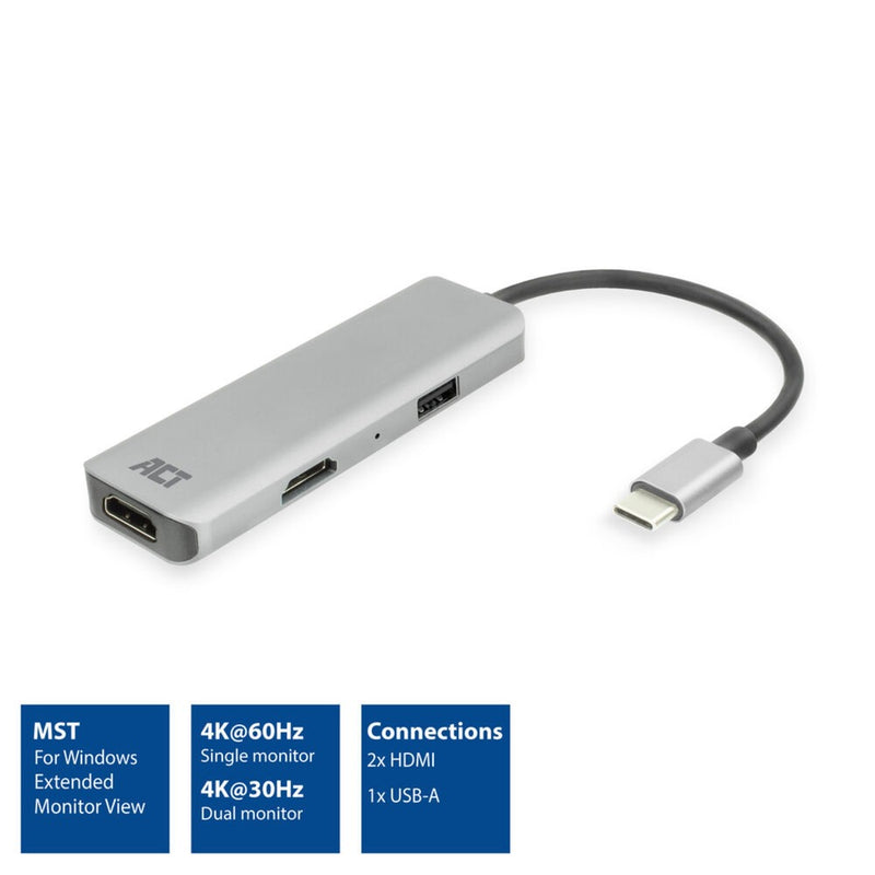 Load image into Gallery viewer, Act connectivity usb-c 4k multiport adapter voor 2 hdmi schermen, usb-a datapoort (aluminium)
