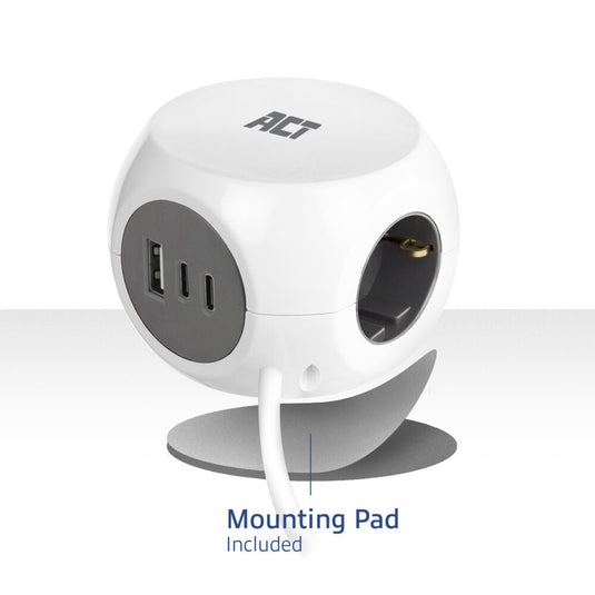 Act connectivity stekkerdoos kubus met 3 stopcontacten, 30w power delivery usb-c a poorten, kabellengte 1,5m stekkerdoos (wit, type f)