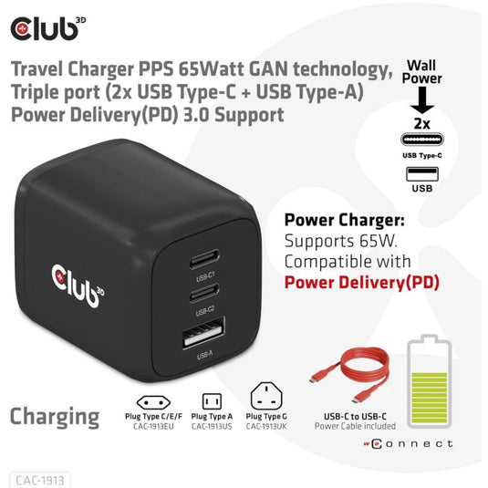 Club 3d travel charger 65w gan (zwart, 2x usb-c, 1x usb-a)