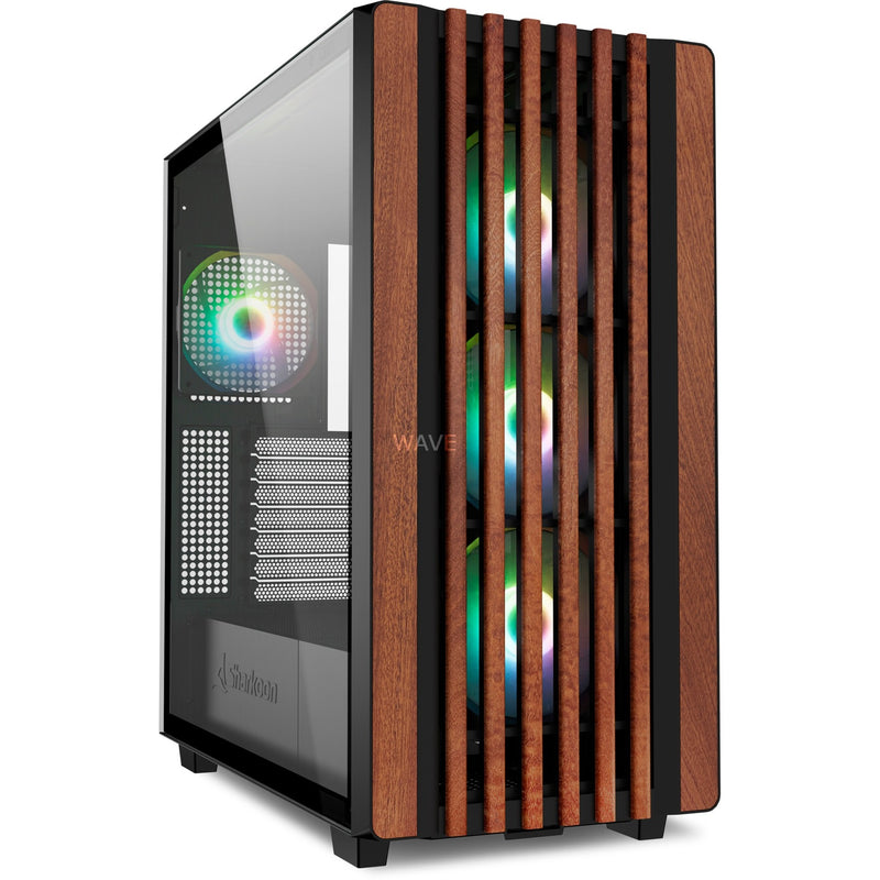 Load image into Gallery viewer, Sharkoon rebel c70g rgb midi tower behuizing (zwart houtkleur | 2x usb-a | 1x usb-c | rgb | tempered glass)
