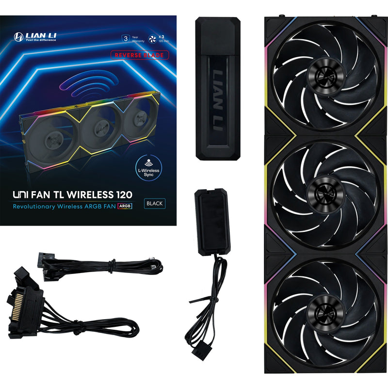 Load image into Gallery viewer, Lian li uni fan tl 120 wireless reverse blade rgb case fans (zwart, 3 stuks, 120 x 124 x 28 mm, pwm, incl. controller)
