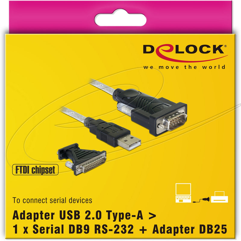 Load image into Gallery viewer, Delock adapter usb 2.0 type-a > 1 x serial db9 rs-232 + adapter db25 (1.8 meter)
