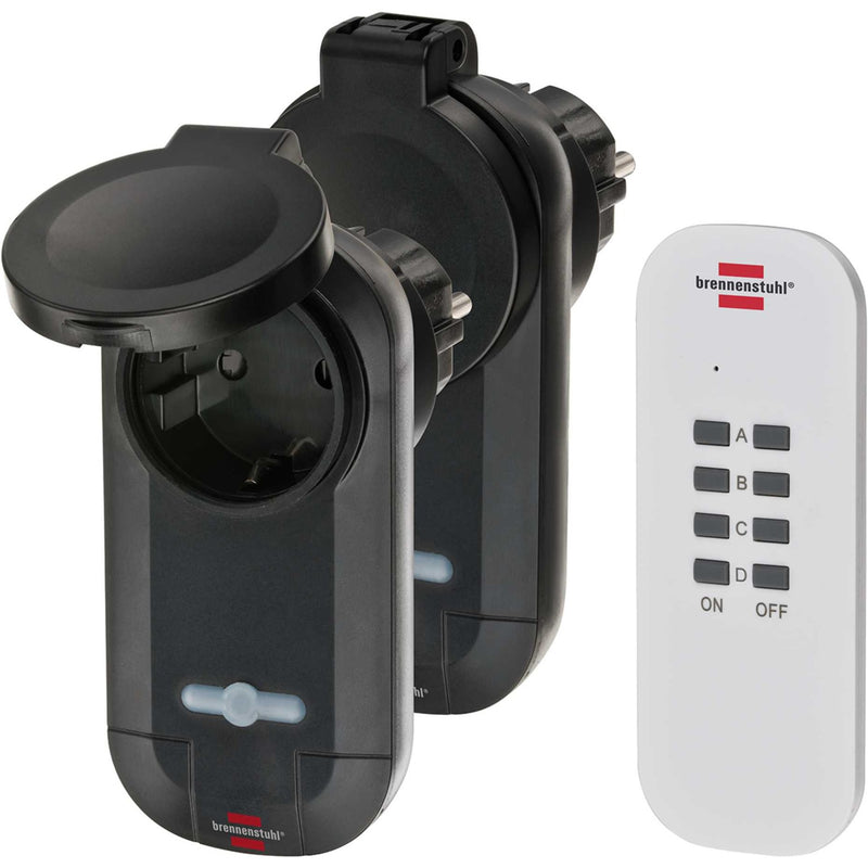 Load image into Gallery viewer, Brennenstuhl draadloze schakelaarset rc ce1 0201, 2 draadloze stopcontacten (buiten ip44, met handzender en hogere contactberscherming) zwart
