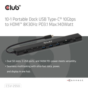 Club 3d 10-1 portable dock usb type-c 10gbps to hdmi 8k30hz pd3.1 max.140 watt dockingstation (zwart, hdmi, usb-c, lan)