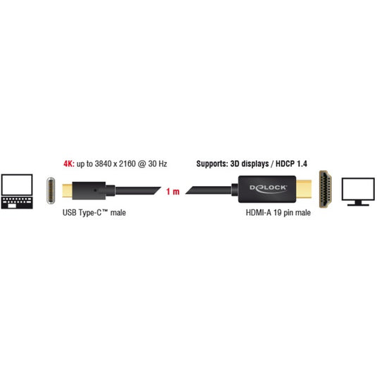 Delock usb-c (male) > hdmi (male) (dp alt mode) kabel (zwart, 1 meter, 4k 30 hz)
