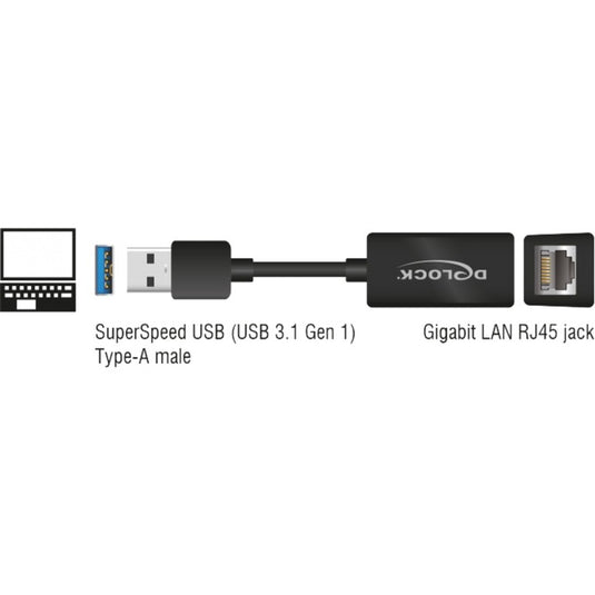 Delock usb-a 3.2 gen 1 naar rj-45 gigabit lan adapter (zwart, 10 100 1000 mbps)