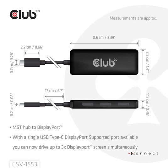 Club 3d usb-c naar triple displayport mst hub (zwart, 4k60hz)