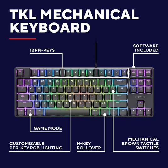 Trust gxt 864 cada compact mechanisch tkl-gamingtoetsenbord (zwart, us lay-out (qwerty), huano brown, rgb)